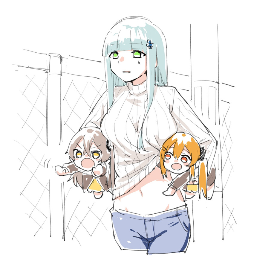 3girls angry aqua_hair carrying carrying_under_arm chibi commentary_request denim eyebrows_visible_through_hair facial_mark fence girls_frontline green_eyes grey_hair hair_ornament highres hk416_(girls_frontline) holding jeans long_sleeves multiple_girls navel open_mouth orange_eyes orange_hair pants shinoe_nun shirt_lift side_ponytail sketch sweater teardrop tied_hair turtleneck ump45_(girls_frontline) ump9_(girls_frontline) yellow_eyes