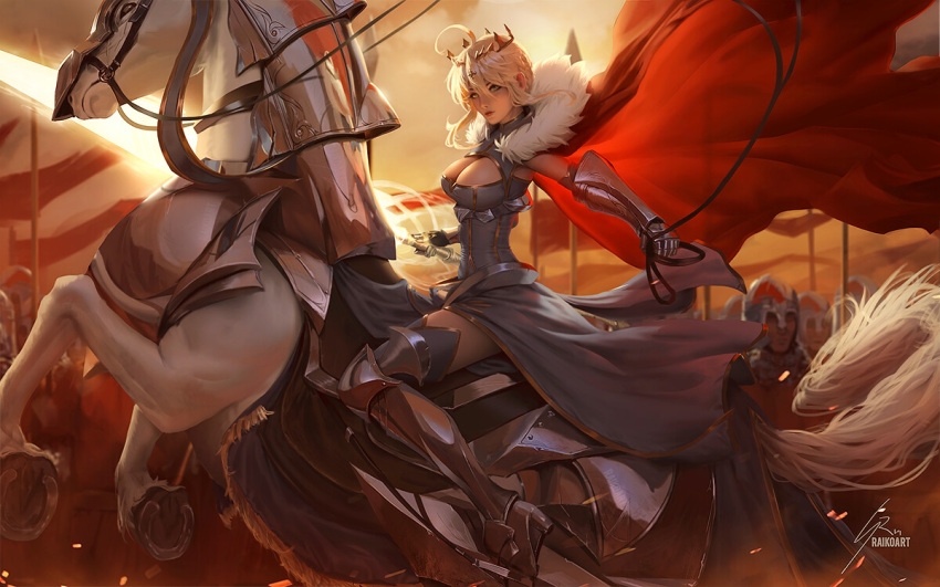 1girl 6+boys ahoge armor artist_name artoria_pendragon_(all) artoria_pendragon_(lancer) bangs blonde_hair braid breasts cape cleavage closed_mouth clouds cloudy_sky crown evening eyebrows_visible_through_hair fate/grand_order fate_(series) floating_hair french_braid fur_trim green_eyes hair_between_eyes holding_lance horse horseback_riding large_breasts long_hair looking_at_viewer multiple_boys outdoors raikoart riding sidelocks signature sky smile swept_bangs thigh-highs wind wind_lift