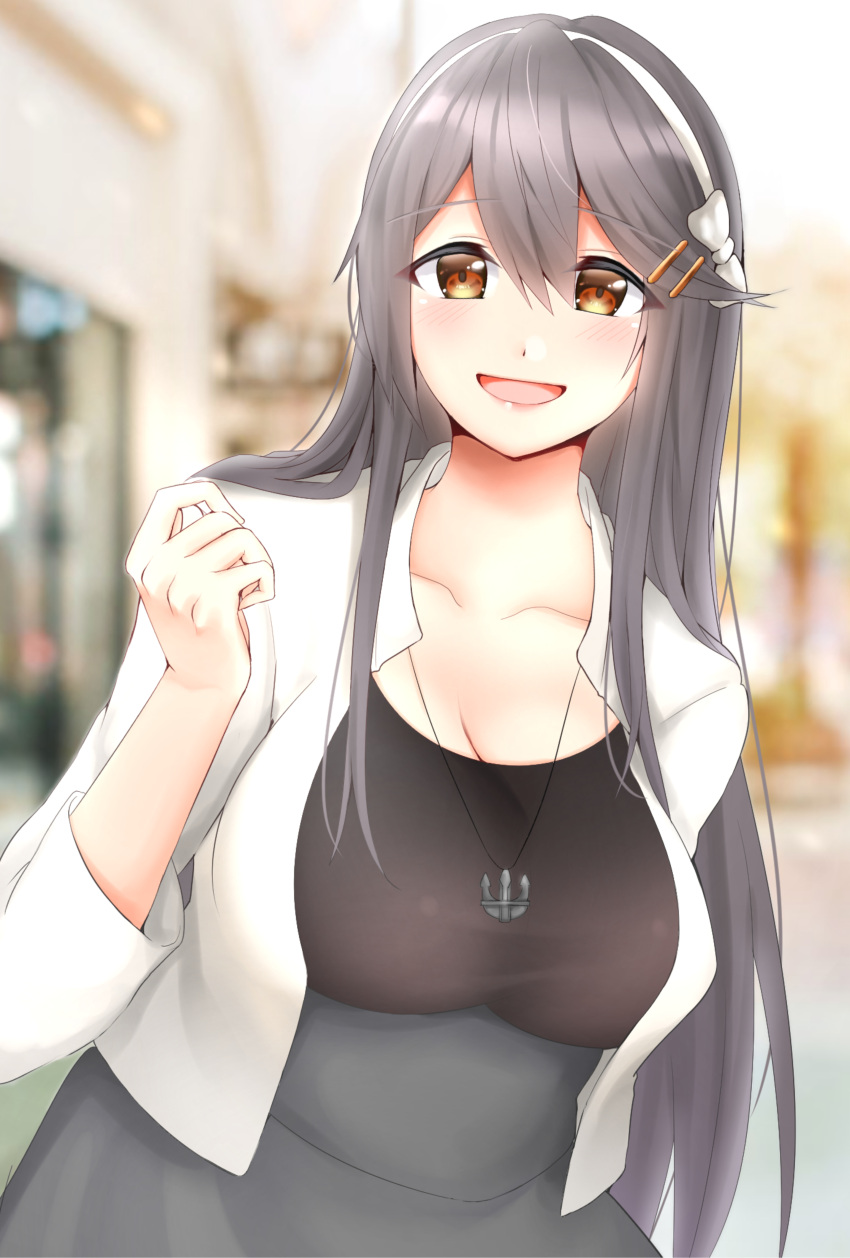 1girl :d absurdres anchor_necklace black_hair black_shirt breasts brown_eyes cleavage eyebrows_visible_through_hair grey_skirt hair_ornament hairband hairclip haruna_(kantai_collection) highres jacket jewelry kantai_collection large_breasts long_hair looking_at_viewer mibo91c necklace open_mouth plump shirt skirt smile solo upper_body white_hairband white_jacket