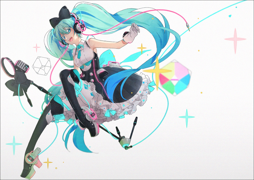 1girl bangs bare_shoulders black_bow black_footwear black_legwear black_skirt blue_eyes boots bow breasts colored_eyelashes commentary eyebrows_visible_through_hair frilled_skirt frills gloves green_hair green_neckwear hair_between_eyes hair_bow hakusai_(tiahszld) hatsune_miku headphones long_hair magical_mirai_(vocaloid) medium_breasts microphone microphone_stand necktie pantyhose shirt short_necktie skirt sleeveless sleeveless_shirt solo sparkle symbol_commentary thigh-highs thigh_boots twintails very_long_hair vocaloid white_background white_gloves white_legwear white_shirt