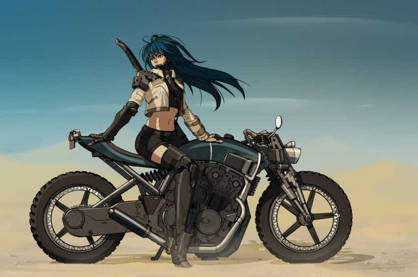 1girl alpyro armor blue_eyes blue_hair commentary cyborg desert french_commentary ground_vehicle highres long_hair midriff motor_vehicle motorcycle original science_fiction sheath sheathed short_shorts shorts sitting solo sword weapon
