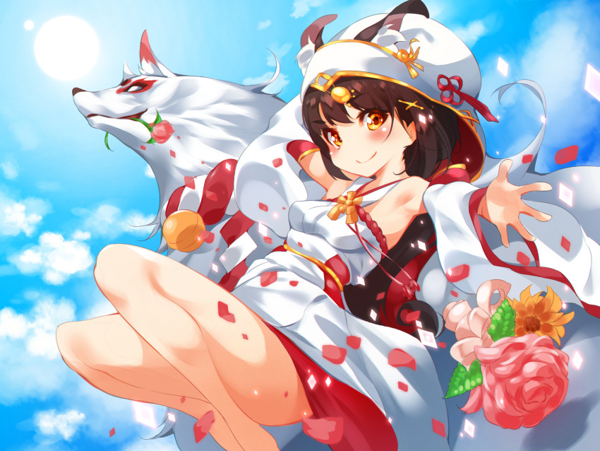 1girl animal animal_ear_fluff animal_ears azur_lane bangs black_hair blue_sky bouquet breasts closed_mouth clouds day detached_sleeves eyebrows_visible_through_hair flower fox fox_ears hair_ornament highres hood hood_up japanese_clothes kimono long_hair long_sleeves looking_at_viewer nagato_(azur_lane) orange_eyes outdoors petals pink_flower sky small_breasts smile sugihara_(sugihara2000) sun uchikake wide_sleeves x_hair_ornament yellow_flower