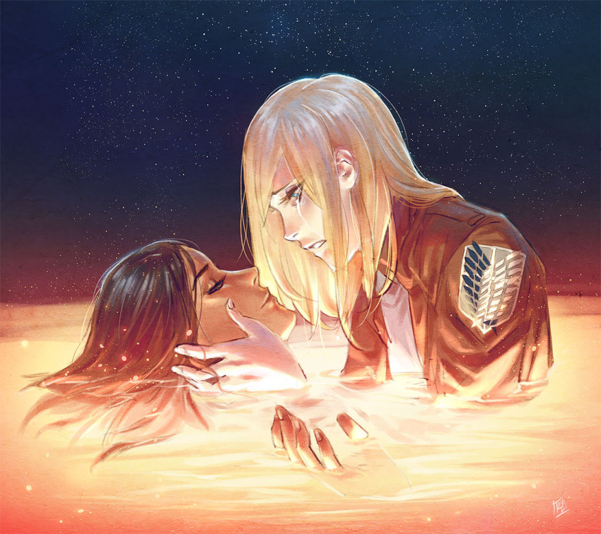 2girls black_hair blonde_hair blue_eyes christa_renz commentary crying crying_with_eyes_open dark_skin death emblem english_commentary jacket kathryn_layno leather leather_jacket medium_hair multiple_girls night paradis_military_uniform partially_submerged sad shingeki_no_kyojin sky spoilers star_(sky) starry_sky survey_corps_(emblem) tears ymir_(shingeki_no_kyojin)