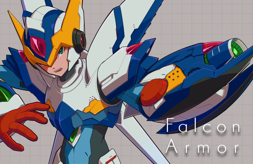 1boy android arm_cannon capcom commentary_request gloves green_eyes grey_background helmet male_focus open_mouth red_gloves robot rockman rockman_x rockman_x5 serious simple_background solo teeth upper_body user_fuyz3388 weapon x_(rockman)