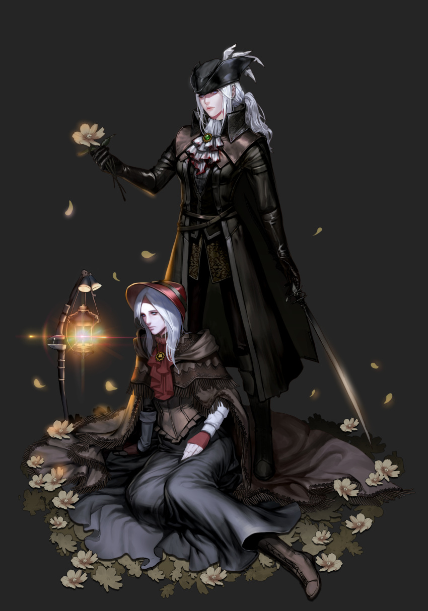 2girls absurdres ascot bangs belt black_cape black_footwear black_gloves black_headwear blood bloodborne bloody_clothes blue_eyes bonnet boots cape cloak coat doll_joints dress faux_figurine flower gem gloves glowing grey_background grey_dress hat hat_feather highres holding holding_flower holding_weapon jewelry lady_maria_of_the_astral_clocktower lantern lens_flare long_dress long_hair looking_at_viewer lsr multiple_girls necklace plain_doll ponytail rakuyo_(bloodborne) silver_hair simple_background sitting swept_bangs sword the_old_hunters tricorne weapon white_flower white_hair
