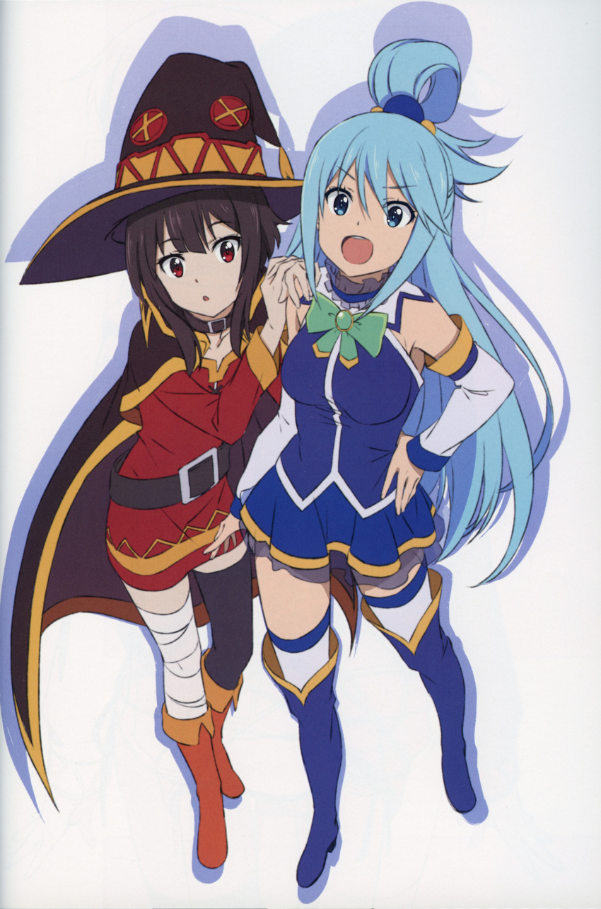 2girls absurdres aqua_(konosuba) bandage bandaged_leg bandages black_cape black_hair black_legwear blue_eyes blue_hair boots breasts cape detached_sleeves dress full_body hat highres kono_subarashii_sekai_ni_shukufuku_wo! long_sleeves looking_at_viewer megumin multiple_girls panties red_dress red_eyes short_hair short_hair_with_long_locks single_thighhigh small_breasts smile thigh-highs thigh_boots thighhighs_under_boots underwear witch_hat yamamoto_shuuhei