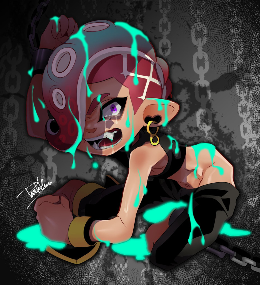 1boy agent_8 bound cephalopod_eyes chain chained chained_wrists chains commentary_request crop_top cuffs earrings fangs highres ink_stain isamu-ki_(yuuki) jewelry kneeling looking_at_viewer makeup mascara midriff navel octoling paint_splatter pointy_ears redhead restrained signature splatoon splatoon_(series) splatoon_2 splatoon_2:_octo_expansion squidbeak_splatoon stomach tears tentacle_hair violet_eyes