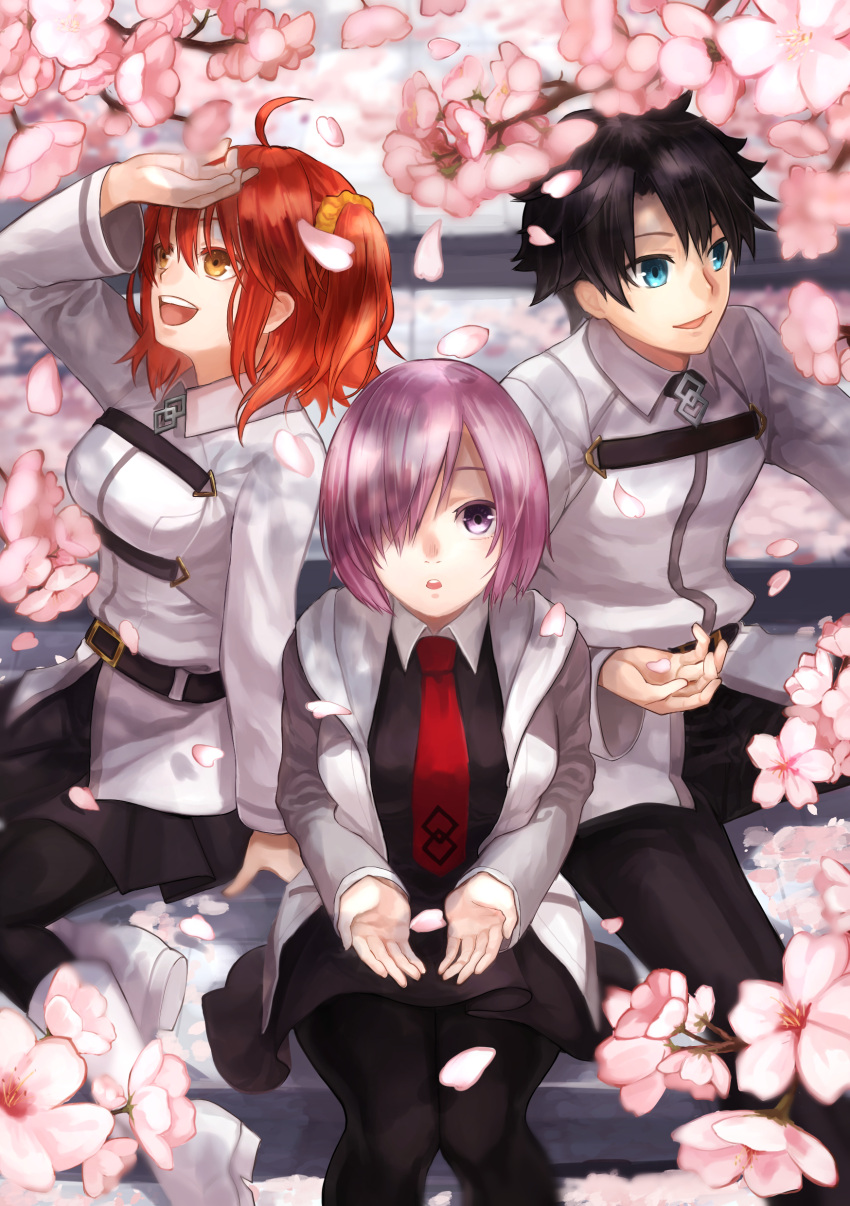 1boy 2girls :d absurdres ahoge arm_up black_hair black_legwear black_pants black_skirt blue_eyes boots fate/grand_order fate_(series) flower fujimaru_ritsuka_(female) fujimaru_ritsuka_(male) hair_ornament hair_scrunchie highres jacket kuune_(muttey-myg) long_sleeves looking_at_viewer looking_up mash_kyrielight miniskirt multiple_girls necktie open_mouth orange_eyes orange_hair orange_scrunchie pants pantyhose petals pink_hair pleated_skirt red_neckwear scrunchie short_hair side_ponytail skirt smile uniform violet_eyes white_flower white_footwear white_jacket