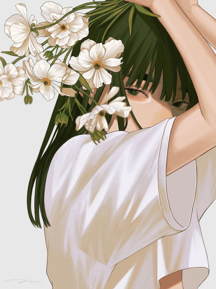 1girl arms_up bangs commentary_request covering_face flower green_eyes green_hair hair_between_eyes highres holding long_hair looking_at_viewer midriff_peek original shirt short_sleeves simple_background tori_no_3046 white_background white_flower white_shirt