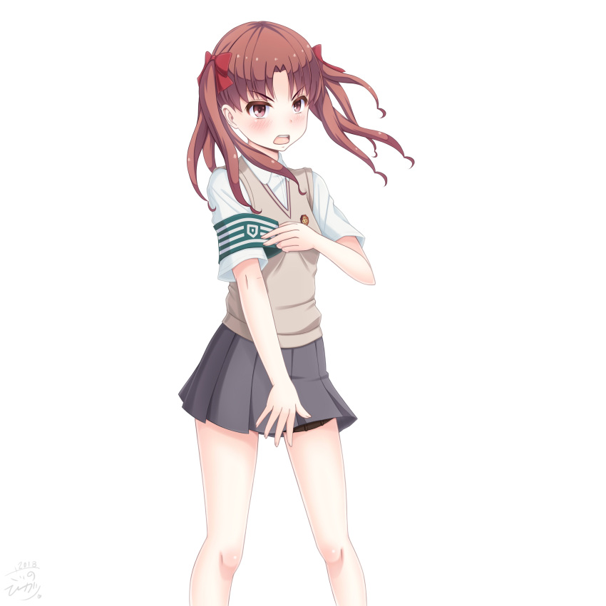 1girl absurdres armband blush bow brown_eyes brown_hair eyebrows_visible_through_hair floating_hair grey_skirt grey_sweater hair_bow highres holster long_hair miniskirt open_mouth pleated_skirt red_bow sainohikari school_uniform shirai_kuroko shirt short_sleeves simple_background skirt solo standing sweater sweater_vest thigh_holster to_aru_kagaku_no_railgun to_aru_majutsu_no_index tokiwadai_school_uniform white_background white_shirt