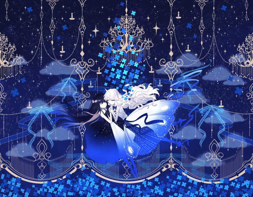 2girls absurdres bangs baocaizi black_hair blue_background blue_flower blue_ribbon blue_theme blunt_bangs candle chandelier dancing dress flower hand_holding highres horn leg_ribbon long_hair multiple_girls original ribbon sparkle u_u very_long_hair white_hair white_skin