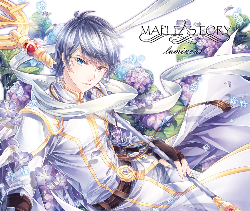 1boy arm_guards belt black_gloves black_hair blue_eyes buckle character_name copyright_name earrings fingerless_gloves floral_background flower gem gloves heterochromia holding holding_staff hydrangea jewelry looking_at_viewer luminous_(maplestory) male_focus maplestory necklace pants parted_lips pendant petals purple_flower red_eyes scarf silverbin smile snowflakes solo staff tassel white_coat white_pants white_scarf