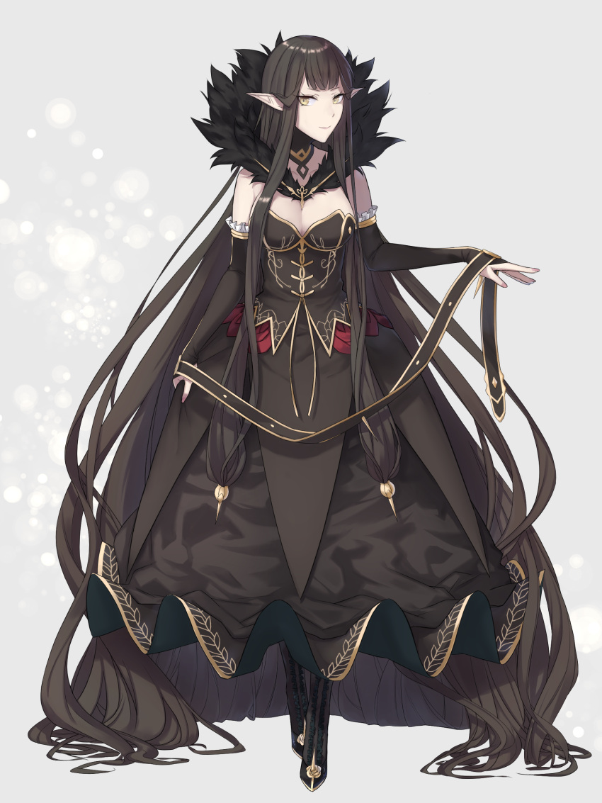 1girl absurdly_long_hair absurdres black_dress black_hair breasts bridal_gauntlets cleavage collarbone detached_sleeves dress fate/apocrypha fate_(series) fur_trim grey_background highres large_breasts long_dress long_hair looking_at_viewer pointy_ears remieru semiramis_(fate) sidelocks solo spikes very_long_hair yellow_eyes