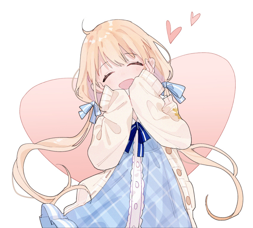 1girl ^_^ ame bangs blonde_hair blue_dress blue_ribbon closed_eyes closed_eyes dress eyebrows_visible_through_hair frilled_dress frills futaba_anzu hair_ornament hair_ribbon hands_on_own_cheeks hands_on_own_face happy heart highres idolmaster idolmaster_cinderella_girls long_hair ribbon simple_background smile sweater_vest twintails unbuttoned very_long_hair