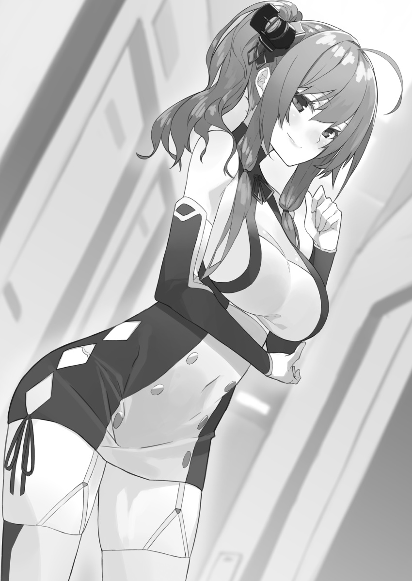 1girl ahoge azur_lane blurry blurry_background breasts cleavage contrapposto covered_navel cowboy_shot depth_of_field dress dutch_angle elbow_gloves garter_straps gloves greyscale highres indoors large_breasts long_hair monochrome novel_illustration ponytail senmu short_dress sidelocks smile solo st._louis_(azur_lane) thigh-highs