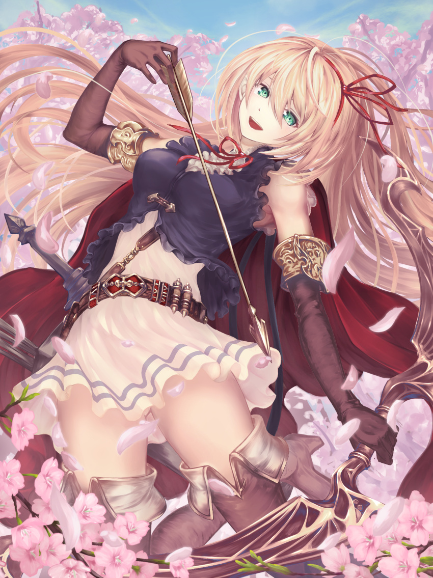 1girl :d arisa_(shadowverse) bangs bare_shoulders beige_dress belt blonde_hair blue_sky blush boots bow_(weapon) breasts brown_footwear clouds day elbow_gloves elf floating_hair gloves green_eyes hair_ribbon head_tilt high_heel_boots high_heels highres holding holding_bow_(weapon) holding_weapon long_hair looking_at_viewer medium_breasts neck_ribbon open_mouth outdoors petals pointy_ears purple_gloves quiver red_ribbon ribbon shadowverse sidelocks skirt sky sleeveless smile solo strap take_tw01 thigh-highs thigh_boots weapon wind