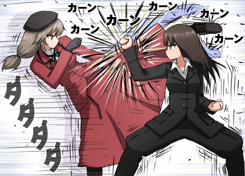 2girls afterimage beret black_footwear black_headwear black_jacket black_neckwear black_pants blocking boots brown_eyes brown_hair clenched_hands commentary dress_shirt emphasis_lines fighting_stance fishnet_pantyhose fishnets formal girls_und_panzer hair_tie hat high_collar highres jacket kicking leg_up long_hair long_skirt long_sleeves low-tied_long_hair mature motion_lines multiple_girls neck_ribbon nishizumi_shiho omachi_(slabco) pant_suit pants pantyhose red_jacket red_skirt ribbon shimada_chiyo shirt skirt skirt_suit standing standing_on_one_leg straight_hair suit v-shaped_eyebrows white_shirt