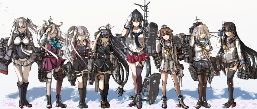 6+girls absurdres ahoge asashimo_(kantai_collection) asymmetrical_legwear belt black_hair black_jacket black_legwear blazer blue_headband blue_skirt bodysuit boots breasts brown_eyes brown_footwear brown_hair cannon cape closed_eyes clothes_writing commentary_request cross-laced_footwear dress facing_viewer full_body garter_straps gloves grey_cape grey_footwear grey_legwear hachimaki hair_ornament hair_over_one_eye hair_ribbon hair_scrunchie hairclip halterneck hamakaze_(kantai_collection) hatsushimo_(kantai_collection) headband highres isokaze_(kantai_collection) jacket kantai_collection kasumi_(kantai_collection) lace-up_boots large_breasts loafers long_hair long_sleeves looking_at_viewer low-tied_long_hair machinery midriff miniskirt multiple_girls navel neckerchief necktie one_side_up pantyhose pinafore_dress pleated_skirt ponytail purple_dress purple_scrunchie red_eyes red_ribbon red_skirt remodel_(kantai_collection) ribbon rudder_shoes sailor_dress salute school_uniform scrunchie seitei_(04seitei) serafuku shirt shoes short_hair short_sleeves side_ponytail sidelocks silver_hair simple_background single_thighhigh skirt sleeveless sleeveless_dress smokestack speaking_tube_headset suzutsuki_(kantai_collection) thigh-highs torpedo_launcher torpedo_tubes tress_ribbon turret white_background white_bodysuit white_gloves white_headband white_shirt white_skirt yahagi_(kantai_collection) yellow_neckwear yukikaze_(kantai_collection)