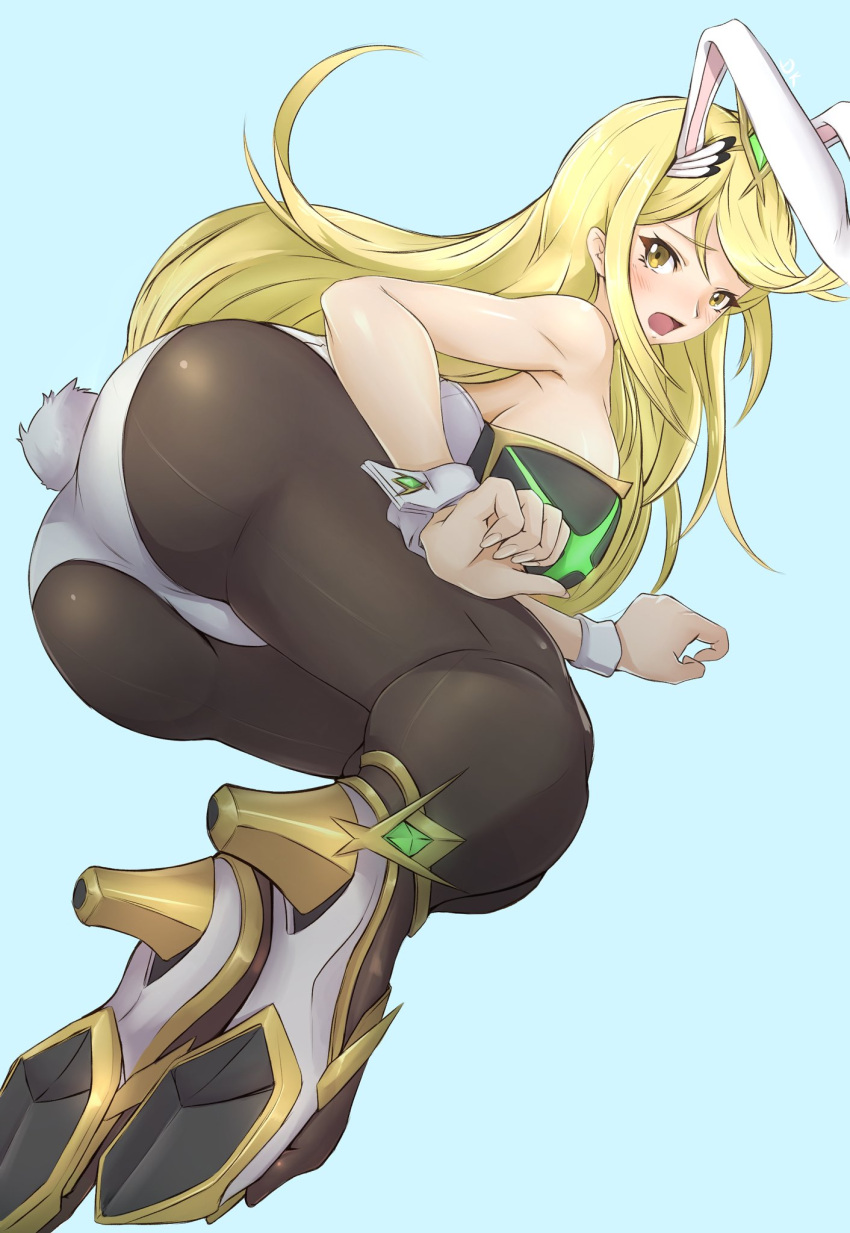 1girl animal_ears ass bangs bare_shoulders blonde_hair bow bowtie breasts bunny_girl bunny_tail bunnysuit deekei earrings fake_animal_ears gem headpiece highres mythra_(xenoblade) jewelry large_breasts leotard long_hair looking_at_viewer nintendo pantyhose rabbit_ears solo swept_bangs tail tiara wrist_cuffs xenoblade_(series) xenoblade_2 yellow_eyes