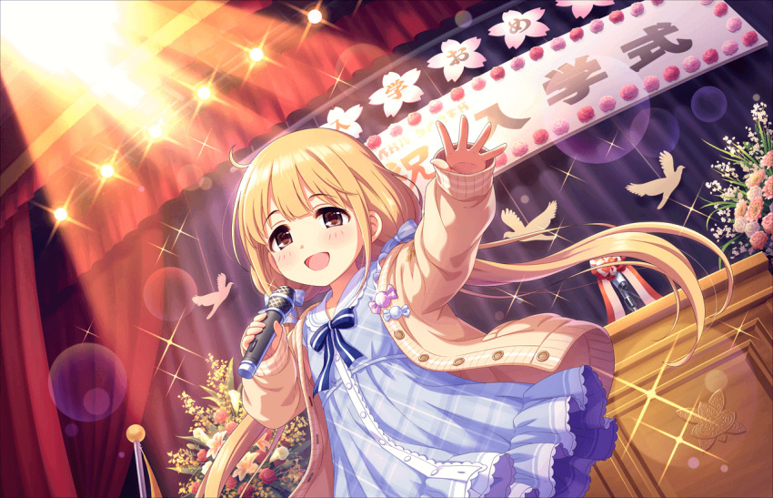 :d alternate_costume bird blonde_hair brown_eyes candy cardigan dress eyebrows_visible_through_hair flower food futaba_anzu idolmaster idolmaster_cinderella_girls idolmaster_cinderella_girls_starlight_stage low_twintails microphone official_art open_mouth plaid ribbon smile solo sparkle stage stage_lights twintails
