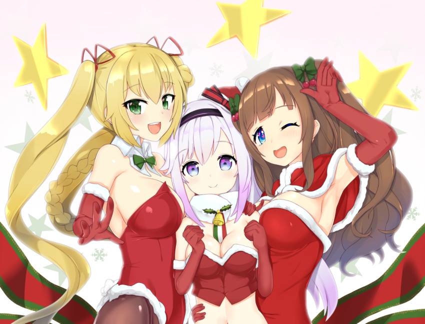 +_+ .live 3girls akiiro arm_up bare_shoulders black_legwear blonde_hair blue_eyes blush bow braid breasts brown_hair carro_pino christmas cleavage elbow_gloves eyebrows_visible_through_hair gloves green_bow green_eyes hair_bow kakyouin_chieri kongou_iroha large_breasts long_hair looking_at_viewer medium_breasts multicolored multicolored_eyes multicolored_hair multiple_girls navel one_eye_closed open_mouth pantyhose purple_hair red_gloves smile star twintails two-tone_hair very_long_hair violet_eyes white_hair