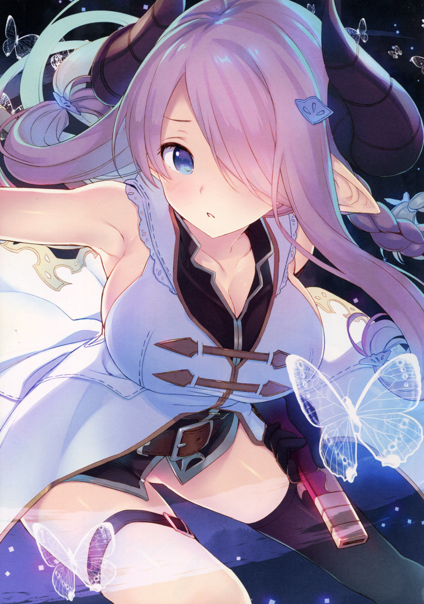 1girl absurdres armpits ass_visible_through_thighs bare_shoulders belt belt_buckle black_gloves black_legwear blue_eyes blush braid breasts buckle bug butterfly cleavage collarbone draph gloves glowing_butterfly granblue_fantasy hair_ornament hair_over_one_eye hairclip highres holding horns insect large_breasts leaning_forward long_hair looking_at_viewer narmaya_(granblue_fantasy) outstretched_arm parted_lips pink_hair pointy_ears scan sheath shiny shiny_hair shiny_skin simple_background single_thighhigh sleeveless solo tatami_to_hinoki thigh-highs thigh_strap