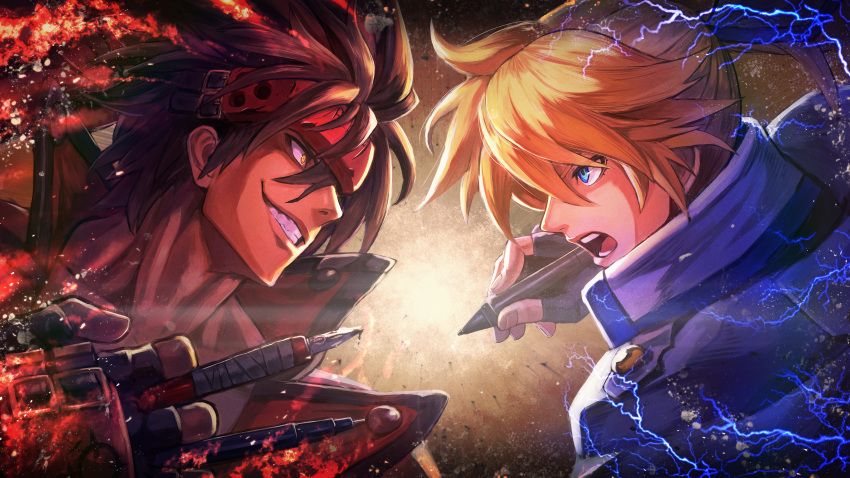 2boys absurdres black_gloves blonde_hair blue_eyes brown_hair commentary_request duel face-to-face fingerless_gloves forehead_protector gloves grin guilty_gear guilty_gear_xrd headband highres huge_filesize kuroi_susumu ky_kiske long_hair multiple_boys open_mouth pen ponytail short_hair smile sol_badguy stylus tied_hair yellow_eyes
