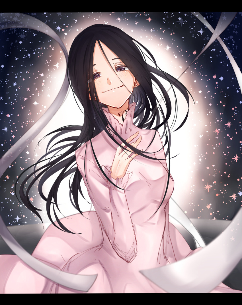 1girl absurdres black_hair commentary dress eyebrows_visible_through_hair eyes_visible_through_hair frilled_shirt_collar frilled_sleeves frills hair_down half-closed_eyes highres isabella_(yakusoku_no_neverland) long_hair looking_at_viewer megumi_(story_103) neck_tattoo number_tattoo smile solo spoilers star tattoo violet_eyes yakusoku_no_neverland