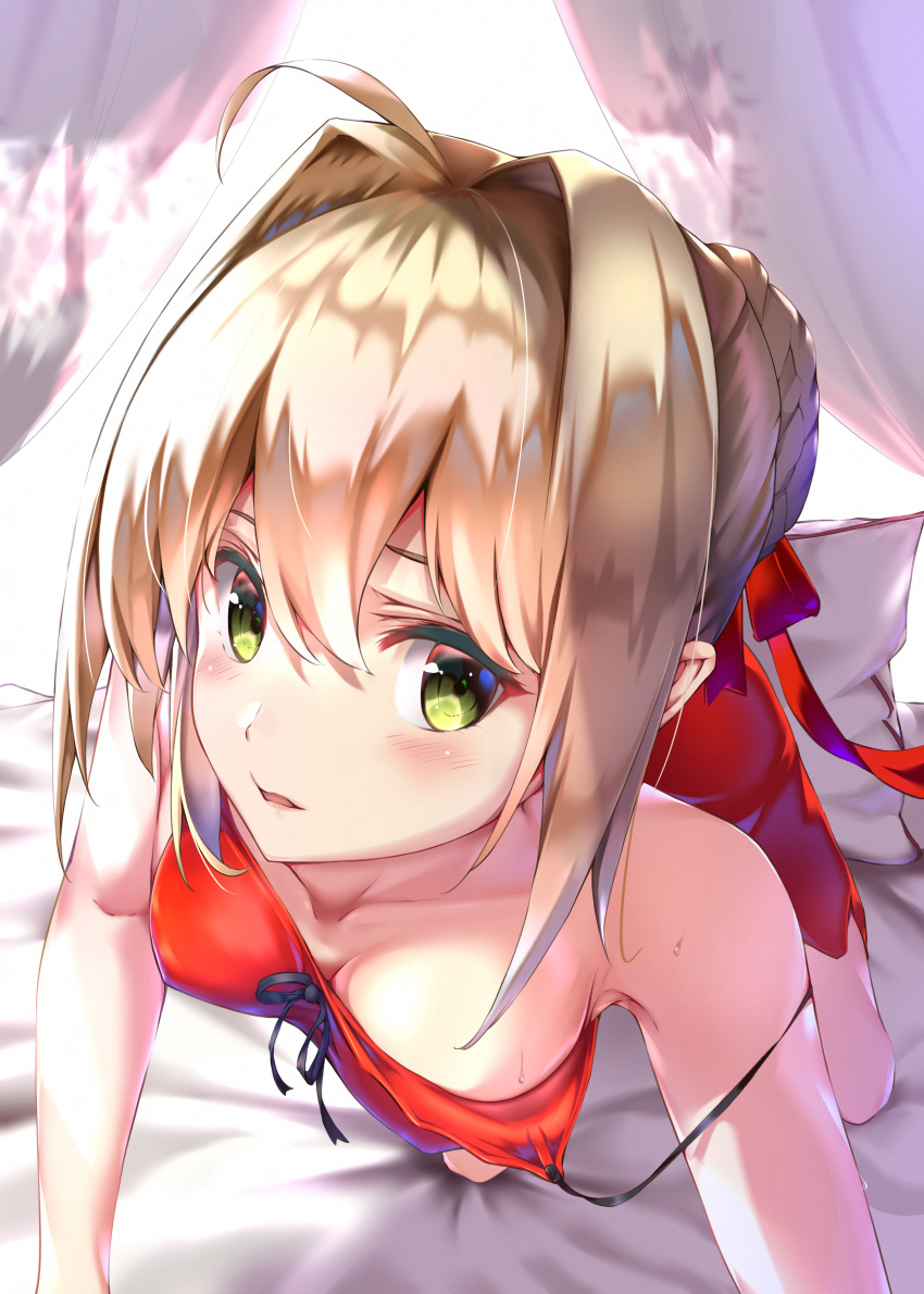 1girl absurdres ahoge all_fours aotsuki_kaoru bed_sheet black_ribbon blonde_hair blush braided_bun breasts cleavage collarbone dress fate/extra fate_(series) green_eyes hair_between_eyes hair_intakes hair_ribbon highres indoors looking_at_viewer looking_to_the_side lying medium_breasts neck_ribbon nero_claudius_(fate) nero_claudius_(fate)_(all) off_shoulder on_back open_mouth red_dress red_ribbon ribbon short_dress short_hair sleeveless sleeveless_dress solo