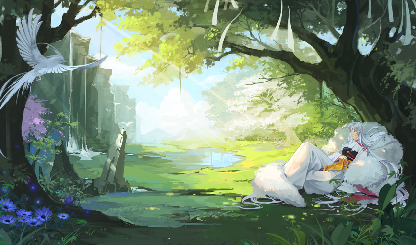 1boy against_tree ana_bi animal armor bird blue_flower blue_sky closed_eyes clouds commentary_request crescent day facial_mark flower forehead_mark fur grass hand_on_own_stomach highres inuyasha japanese_clothes kimono lake light_rays long_hair male_focus nature outdoors pointy_ears reclining scenery sesshoumaru silver_hair sky solo stream sunbeam sunlight tree tree_shade very_long_hair water waterfall white_kimono wide_shot