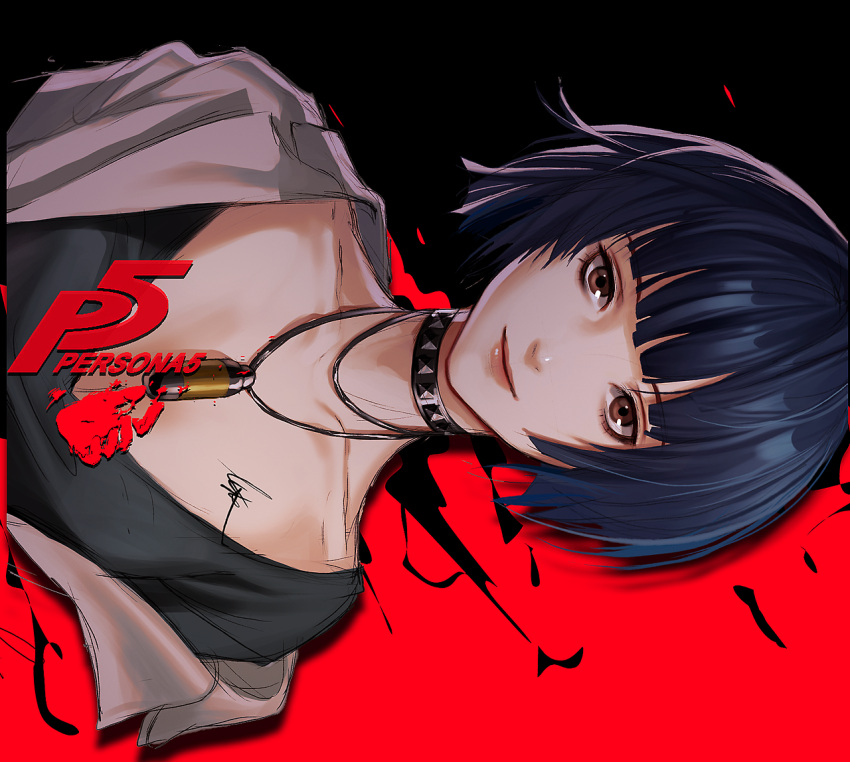 1girl bangs black_hair black_shirt brown_eyes choker collar collarbone commentary english_commentary jewelry labcoat logo looking_at_viewer lsr multicolored multicolored_background necklace persona persona_5 shirt short_hair sideways smile solo takemi_tae upper_body