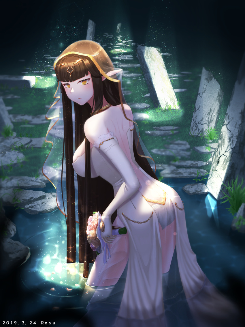 1girl absurdres alternate_costume ass bare_shoulders black_hair bouquet breasts bridal_veil dress elbow_gloves fate/grand_order fate_(series) flower gloves highres jewelry large_breasts long_hair looking_at_viewer looking_back necklace partially_submerged petals pointy_ears rayu_(snowwhite_ki) ring ruins semiramis_(fate) sidelocks solo sunlight veil very_long_hair wading water wedding_dress wedding_ring white_dress yellow_eyes