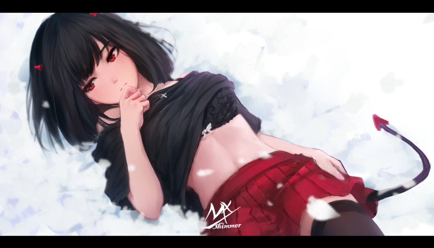 1girl bangs bare_shoulders black_bra black_hair black_shirt bow bow_bra bra breasts brown_legwear closed_mouth demon_girl demon_horns demon_tail eyebrows_visible_through_hair hand_up highres horns letterboxed looking_away looking_to_the_side lying navel on_back original pleated_skirt red_eyes red_skirt shimmer shirt shirt_lift short_sleeves skirt small_breasts snow solo stomach tail thigh-highs underwear