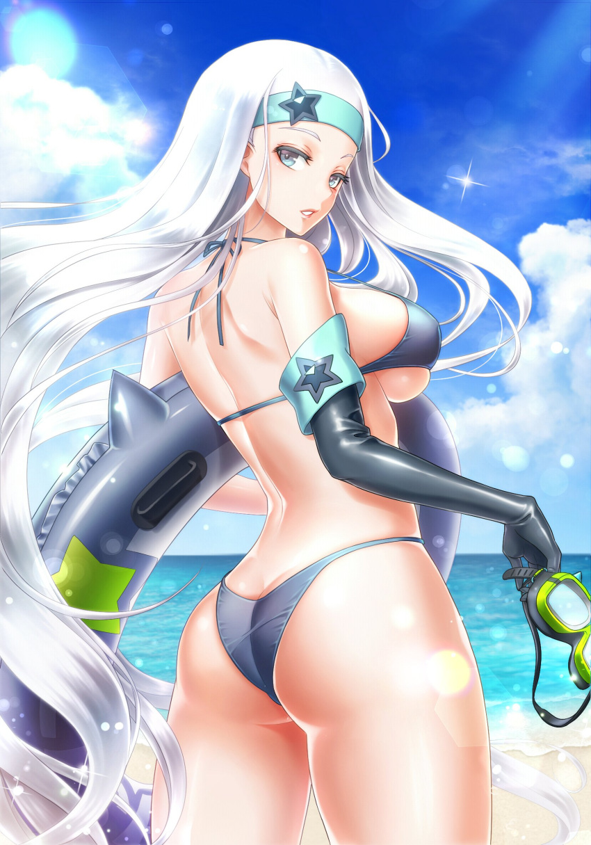 1girl ass bare_shoulders beach bikini blue_bikini blue_eyes blue_sky breasts butt_crack clouds cloudy_sky commentary_request day destiny_child diving_mask elbow_gloves from_behind gloves headband highres holding innertube kurowana lisa_(destiny_child) long_hair looking_at_viewer looking_back medium_breasts ocean official_art outdoors parted_lips shiny shiny_clothes shiny_skin single_elbow_glove single_glove sky solo sunlight swimsuit thighs very_long_hair water white_hair