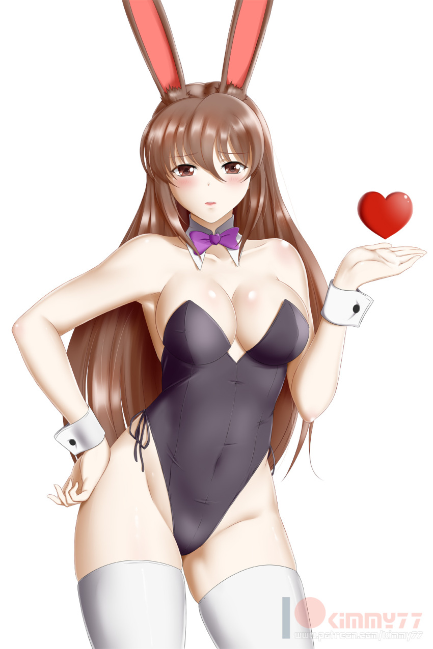 1girl alfred_cullado animal_ears bare_shoulders breasts brown_eyes brown_hair bunny_girl bunnysuit cleavage detached_collar hand_on_hip highres leotard long_hair medium_breasts pantyhose rabbit_ears rwby smile solo strapless strapless_leotard thigh-highs velvet_scarlatina wrist_cuffs