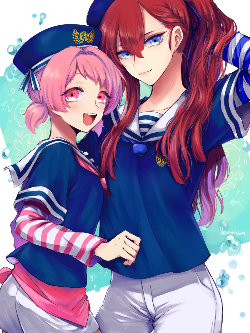 2boys absurdres blue_eyes dixie_cup_hat hair_ribbon hat highres king_of_prism_by_prettyrhythm looking_at_viewer military_hat multiple_boys pink_eyes ponytail pretty_rhythm redhead ribbon sailor sailor_hat saionji_leo short_shorts short_twintails shorts tachibana_yukinojou teruteru-san twintails white_shorts