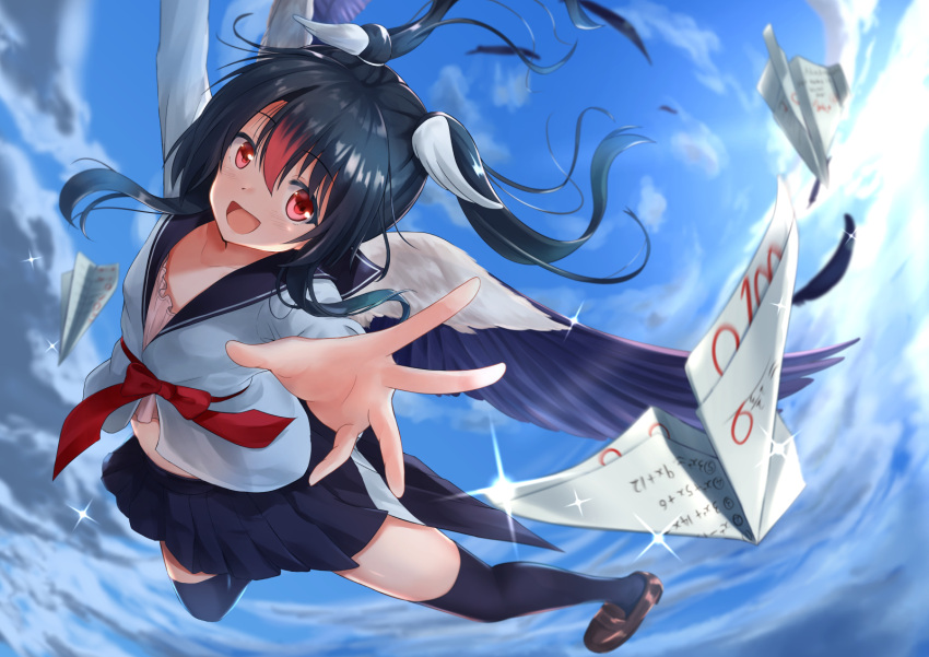 1girl akabane_hibame black_hair blue_legwear blue_skirt blush clouds cloudy_sky collarbone equation examination_paper feathered_wings feathers gesture_request hair_between_eyes hair_ornament hairband hairstyle_request highres in_the_air looking_at_viewer miniskirt multicolored_hair open_clothes open_mouth original paper paper_airplane red_ribbon ribbon school_uniform serafuku shirt shoes skirt sky smile socks twintails white_shirt wings