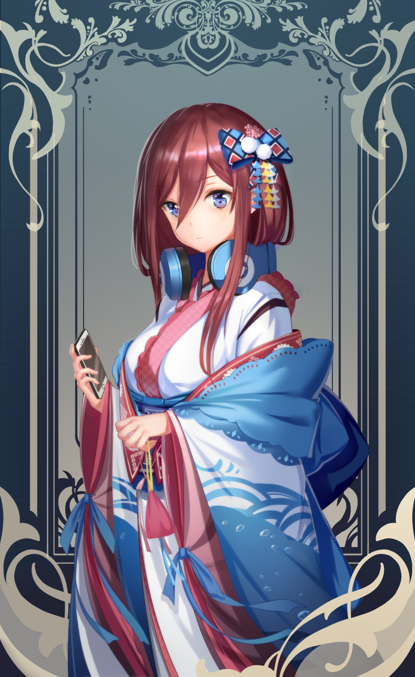 1girl absurdres bangs blue_eyes breasts brown_hair cellphone formal hair_between_eyes hair_ornament headphones headphones_around_neck highres holding holding_phone japanese_clothes kimono long_hair nakano_miku phone red_and_white smartphone solo