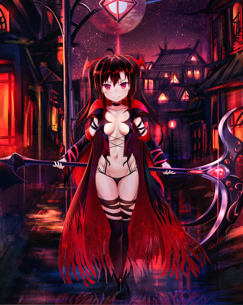 1girl absurdres ahoge bangs black_choker black_cloak black_footwear black_hair black_legwear black_panties breasts breasts_apart building choker cloak collarbone commentary exitb full_moon groin head_wings highres holding holding_scythe house lamp long_hair looking_at_viewer medium_breasts moon multicolored_hair navel night night_sky original panties red_eyes redhead revealing_clothes scythe shoes sky smile solo star_(sky) starry_sky stomach thigh-highs thighs torn_clothes torn_legwear two-tone_hair two_side_up underwear v-shaped_eyebrows very_long_hair wing_collar
