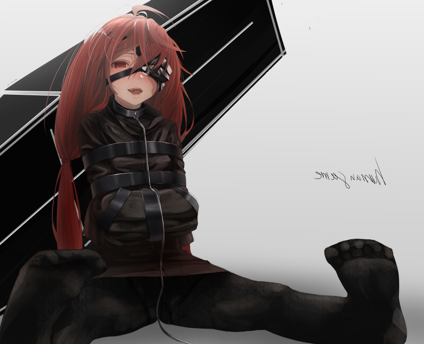 1girl absurdres bangs belt black_clothes blush coffin collar commentary_request eyepatch fangs feet hair_between_eyes hair_tie highres leash long_hair low_twintails messy_hair open_mouth original pantyhose red_eyes redhead savuxan sitting skirt solo spread_legs straitjacket twintails