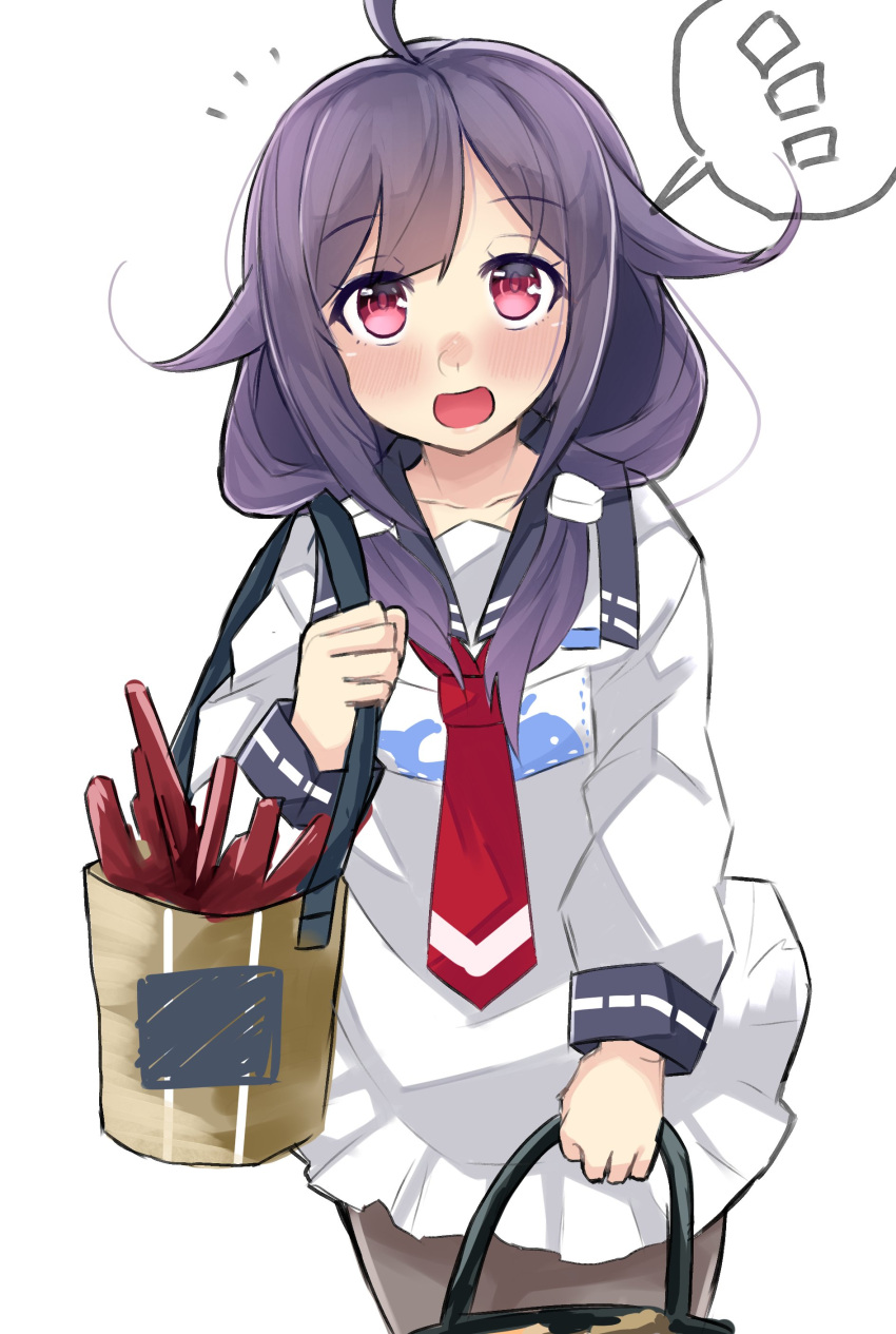 1girl :d absurdres ahoge apron bag black_legwear dokuganryuu eyebrows_visible_through_hair hair_flaps highres holding holding_bag kantai_collection long_hair looking_at_viewer low_twintails neckerchief open_mouth pantyhose purple_hair red_eyes red_neckwear school_uniform serafuku shopping_bag simple_background smile solo speech_bubble taigei_(kantai_collection) twintails white_background