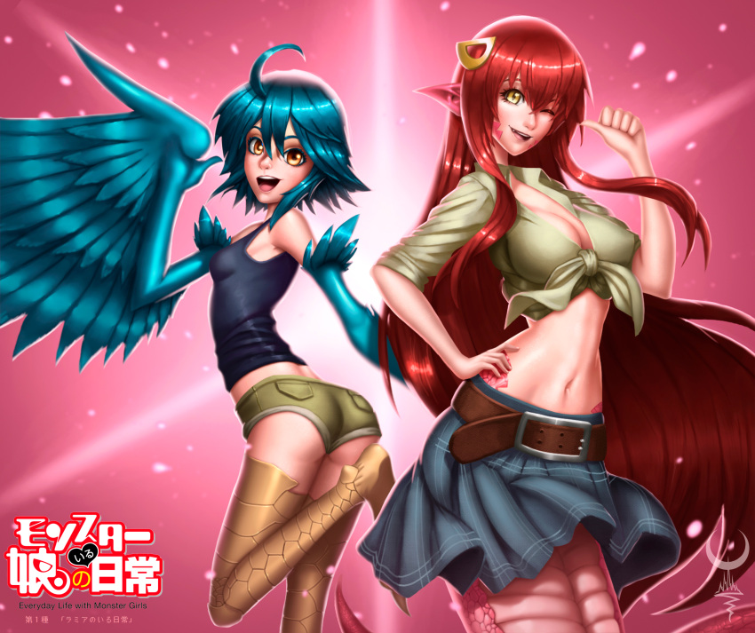 2girls absurdres ahoge angellmoonlight bare_shoulders belt blue_hair blue_wings breasts copyright_name fang feathered_wings feathers flat_chest hair_between_eyes hair_ornament hairclip harpy highres lamia large_breasts long_hair looking_at_viewer midriff miia_(monster_musume) miniskirt monster_girl monster_musume_no_iru_nichijou multiple_girls navel one_eye_closed open_mouth orange_eyes papi_(monster_musume) pleated_skirt pointy_ears redhead scales shirt short_hair simple_background skirt sleeveless sleeveless_shirt slit_pupils small_breasts tail tank_top thumbs_up tied_shirt very_long_hair winged_arms wings yellow_eyes