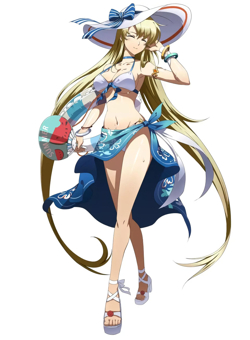 1girl absurdres armlet bare_shoulders bikini bracelet breasts choker cleavage closed_eyes closed_mouth collarbone fan hat highres holding innertube jewelry langrisser long_hair medium_breasts navel official_art sandals sarong simple_background solo standing stomach sun_hat swimsuit toes white_bikini