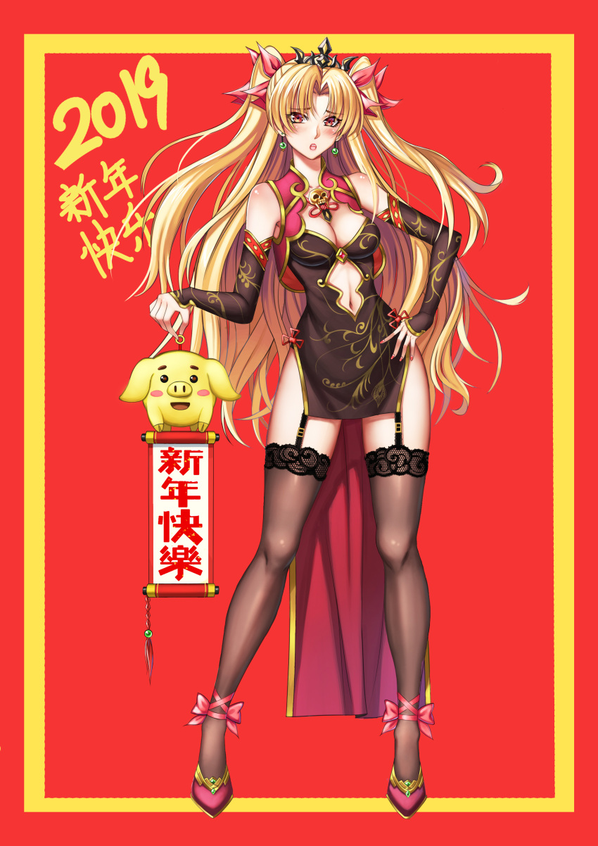 1girl 2019 :o absurdres black_legwear blonde_hair blush breasts china_dress chinese_clothes cleavage commentary_request detached_sleeves dress earrings elbow_gloves ereshkigal_(fate/grand_order) fate/grand_order fate_(series) garter_straps gloves hair_ribbon highres jewelry long_hair medium_breasts pig red_eyes red_ribbon ribbon scroll short_dress skull solo thigh-highs tiara two_side_up xiao_gen