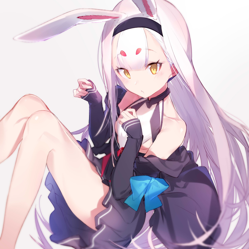 1girl absurdly_long_hair absurdres aida_(chinhung0612) animal_ears aqua_ribbon arm_ribbon azur_lane bangs barefoot breasts brown_eyes closed_mouth detached_sleeves dress eyebrows_visible_through_hair flat_chest headband highres long_hair looking_at_viewer paw_pose pleated_skirt rabbit_ears ribbon shimakaze_(azur_lane) short_dress shrug_(clothing) simple_background sitting skirt sleeves_past_wrists small_breasts thick_eyebrows thighs very_long_hair white_hair