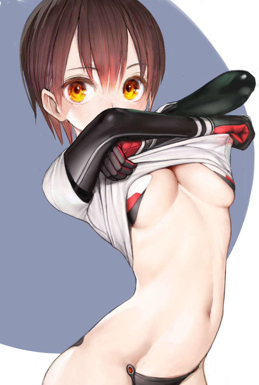 1girl absurdres black_gloves blue_background breasts brown_hair commentary_request eyebrows_visible_through_hair gloves hair_between_eyes highres looking_at_viewer medium_breasts navel nyatabe red_gloves revealing_clothes roboco-san roboco_ch. shirt shirt_lift short_hair short_sleeves simple_background solo two-tone_background two-tone_gloves virtual_youtuber white_background white_shirt yellow_eyes