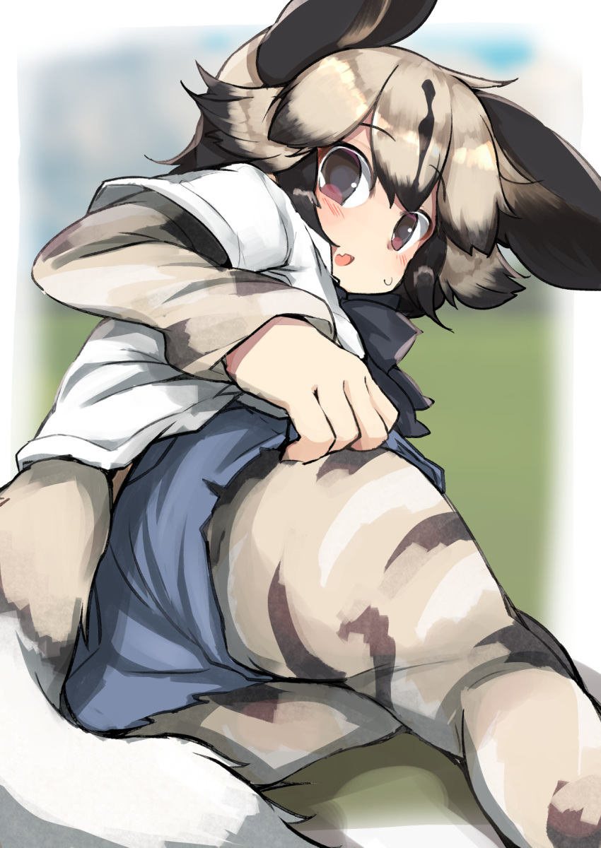 1girl african_wild_dog_(kemono_friends) african_wild_dog_print animal_ears animal_print bangs black_hair blonde_hair blush bodystocking brown_eyes cutoffs dog_ears dog_tail eyebrows_visible_through_hair fang from_behind highres kemono_friends long_sleeves looking_at_viewer looking_back lying multicolored_hair on_side open_mouth platinum_blonde_hair shirt short_over_long_sleeves short_sleeves shorts solo tail teranekosu upshorts white_shirt