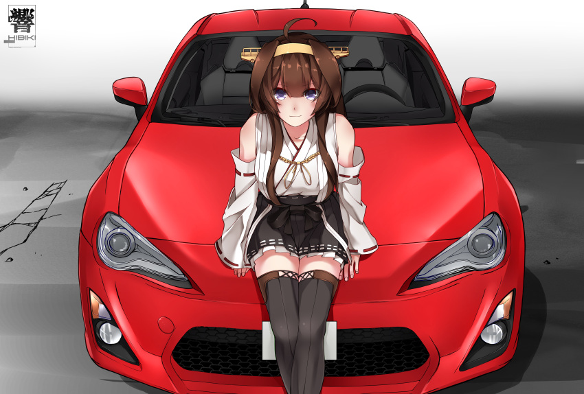 1girl absurdres ahoge artist_name bare_shoulders black_skirt boots breasts brown_hair car commentary_request detached_sleeves feet_out_of_frame from_above ground_vehicle headgear hibiki_zerocodo highres kantai_collection kongou_(kantai_collection) large_breasts long_hair looking_at_viewer motor_vehicle nontraditional_miko pleated_skirt remodel_(kantai_collection) sitting skirt smile solo thigh-highs thigh_boots toyota toyota_86 violet_eyes