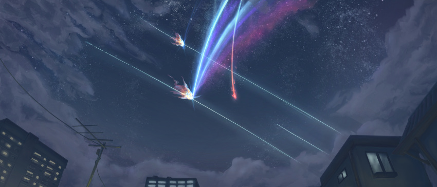absurdres ace_combat building clouds comet commentary crossover explosion highres kimi_no_na_wa. night night_sky no_humans sky star_(sky) starry_sky stevos_art weather_vane
