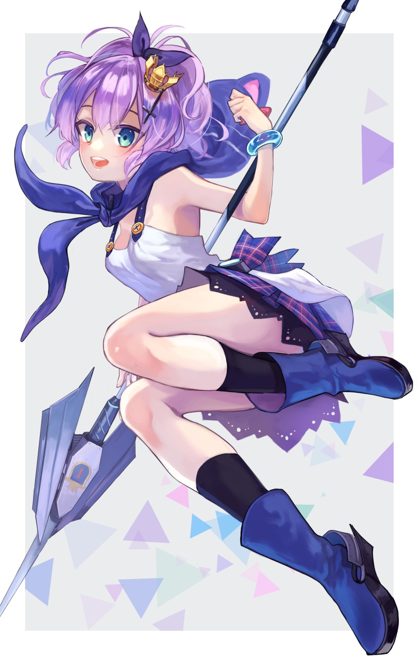 1girl :d absurdres azur_lane black_legwear blue_eyes blue_footwear boots bow bracelet crown full_body hair_between_eyes hair_bow hair_ornament highres holding holding_spear holding_weapon hood hood_down hoodie javelin_(azur_lane) jewelry kneehighs kuune_(muttey-myg) layered_skirt mini_crown miniskirt open_mouth plaid plaid_skirt pleated_skirt polearm purple_bow purple_hair purple_skirt shiny shiny_hair shirt short_hair skirt sleeveless sleeveless_shirt smile solo spear weapon white_shirt